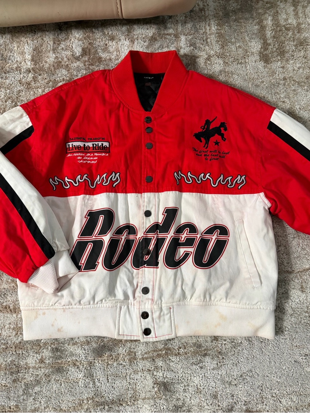 PacSun Red and White Rodeo Flame Bomber Jacket